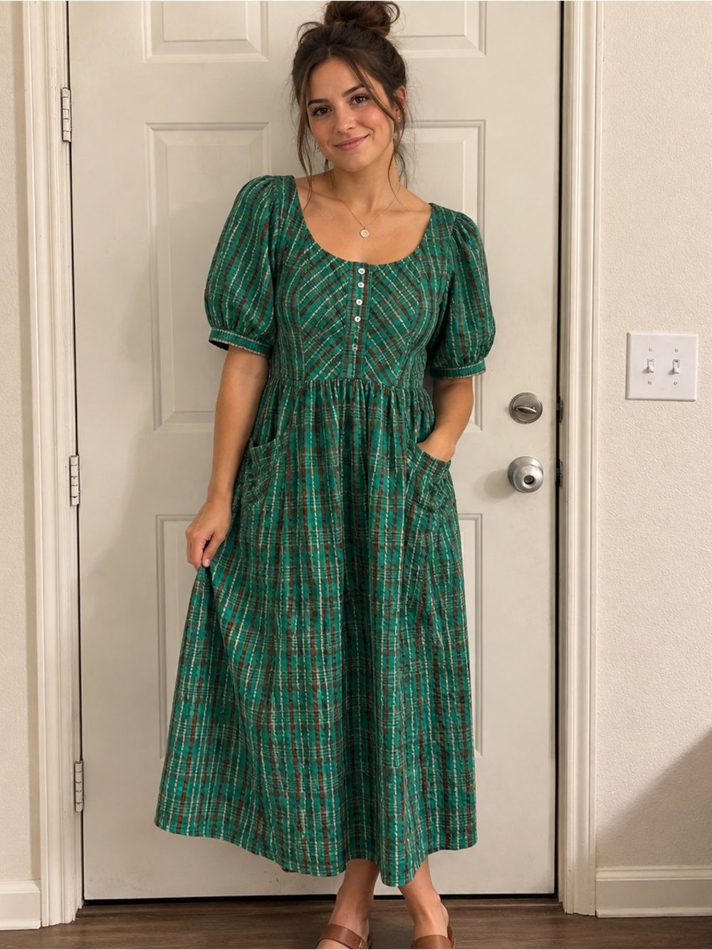 Free People Tulie Plaid Midi Dress XL Women's 3/4 Sleeve Scoop Neck